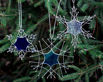 Snowflake Set of 3 Stained Glass Suncatcher, Christmas Tree Handmade Unique Ornaments, Scandinavian Decor