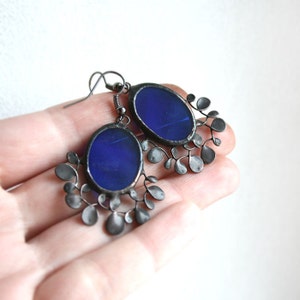 Cobalt Blue Earrings Metal Leaves Statement Stained Glass Jewelry Oval Bohemian Summer Creative Handmade Gift Nature Inspired image 2