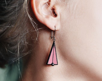 Pink Black Triangle Earrings, Modern Stained Glass Everyday Jewelry, Trend Summer Gift For Her