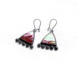 Iridescent Red Earrings, Dichroic Stained Glass Jewelry, Modern Bright Everyday Earrings, Statement Beautiful For Her image 3