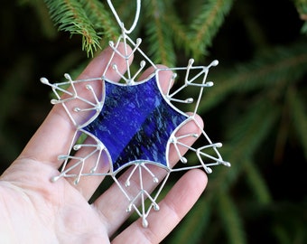 Cobalt Blue Stained Glass Snowflakes Suncatcher, Silver Lace Snowflake Decoration, Christmas Tree Unique Ornaments, Scandinavian Decor