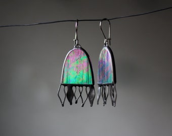 Floral Green Iridescent Earrings, Cathedral Stained Glass Jewelry, Dichroic Statement Abstract Earrings, Spring Summer Unique For Her