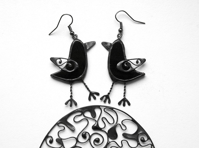Black Raven Earrings Halloween Dark Goth Jewelry Crow Animal Grunge Earrings Black Stained Glass Jewellery Festive Bird 