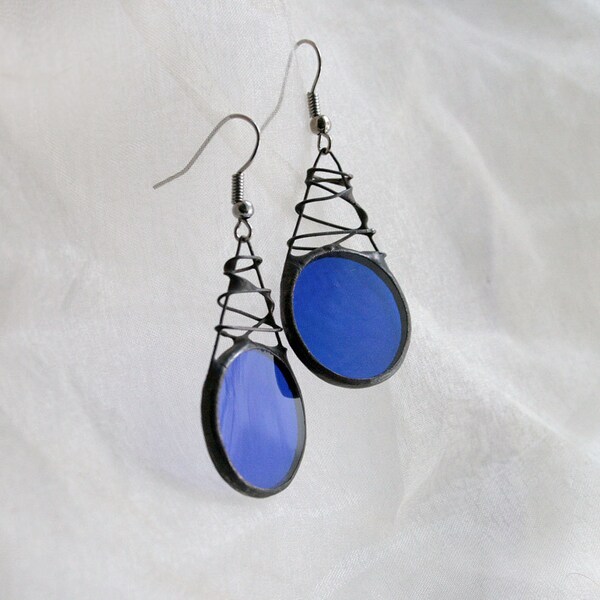 Cobalt blue earrings Handcrafted, Deep Blue Stained glass jewelry, Unique handmade Gifts, Silver Royal Blue Creative gifts by ArtKvarta