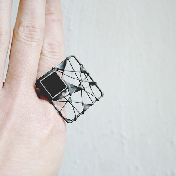 Geometric black ring Halloween, Artisan Cocktail Adjustable Ring, Gothic Statement Jewelry, Fall Fashion