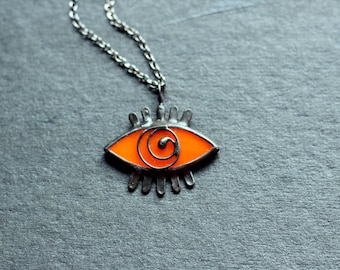 Tiny Evil Eye Necklace Pendant, Red Orange Eye, Halloween Jewelry Amulet Necklace, Statement Funny Unique Jewellery Gift