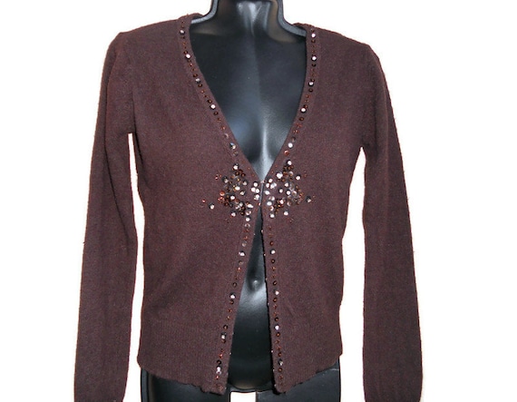 Vintage knit wool cardigan , embroidery brown wool jacket