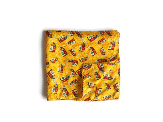 Small square silk neck scarf ,vintage yellow prin… - image 1