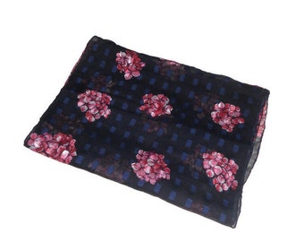 Blauw roze bloemen zijden sjaal wikkel vintage Italië zijden chiffon halssjaal