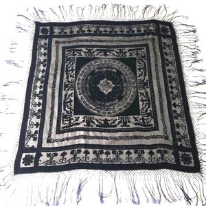 Vintage Blue Silk Velvet Shawl, Fringed Scarf, 39" Square image 5