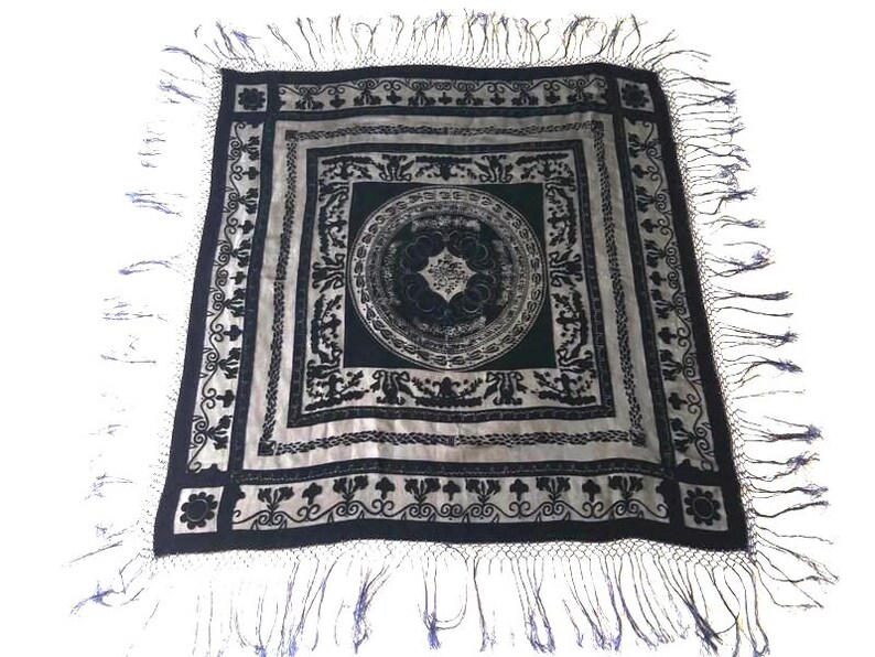 Vintage Blue Silk Velvet Shawl, Fringed Scarf, 39" Square image 5