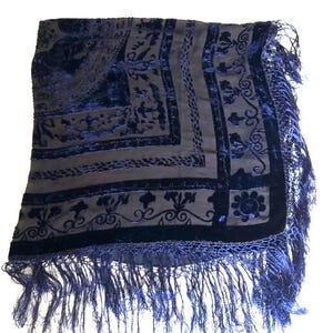 Vintage Blue Silk Velvet Shawl, Fringed Scarf, 39" Square image 7