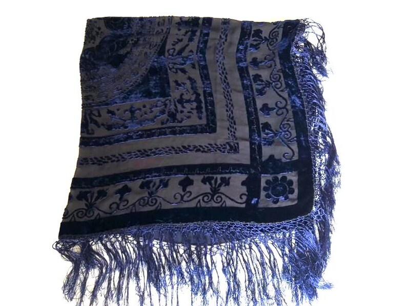 Vintage Blue Silk Velvet Shawl, Fringed Scarf, 39" Square image 7