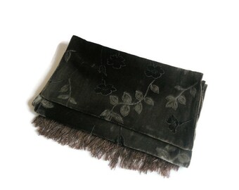 Brown velvet neck scarf fringe vintage Italy  floral silk velvet scarf wrap