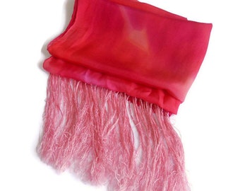 large pink silk scarf  women vintage fringe neck scarf wrap