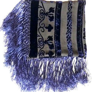 Vintage Blue Silk Velvet Shawl, Fringed Scarf, 39" Square image 4