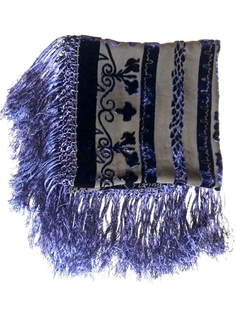 Vintage Blue Silk Velvet Shawl, Fringed Scarf, 39" Square image 4