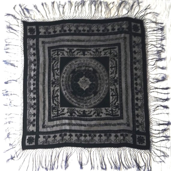 Vintage Blue Silk Velvet Shawl, Fringed Scarf, 39" Square