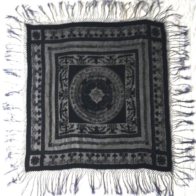 Vintage Blue Silk Velvet Shawl, Fringed Scarf, 39" Square image 1