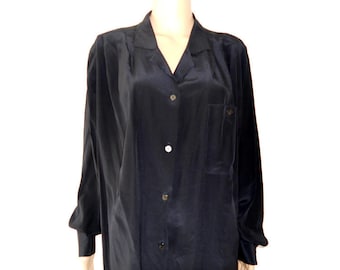 Black silk shirt vintage Italy women's silk large blouse