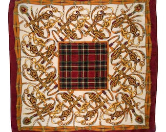 Vintage Equestrian Silk Scarf: Italian Jacquard Square, 33"