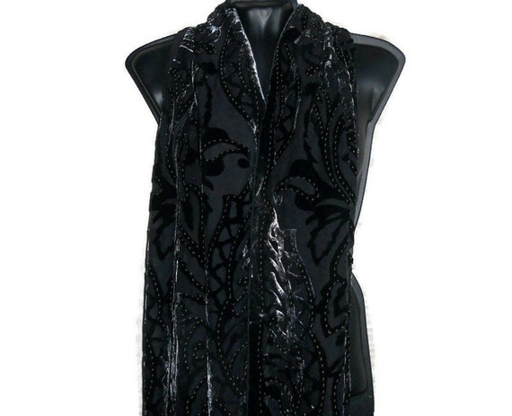 Silk Velvet large scarf wrap vintage Italy Black s