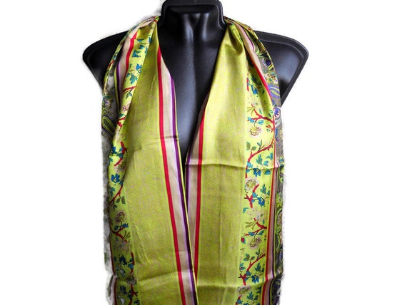 yellow green silk scarf vintage, Paisley print two sided neck scarf
