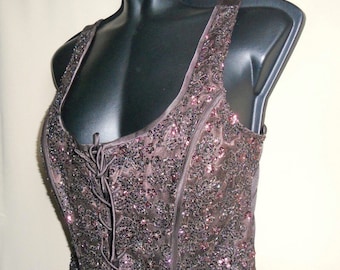 Brown silk embroidered corset  Vintage italy  women's bodice