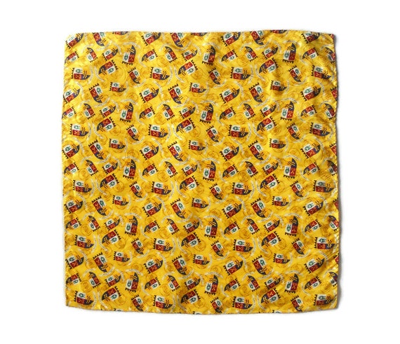 Small square silk neck scarf ,vintage yellow prin… - image 2