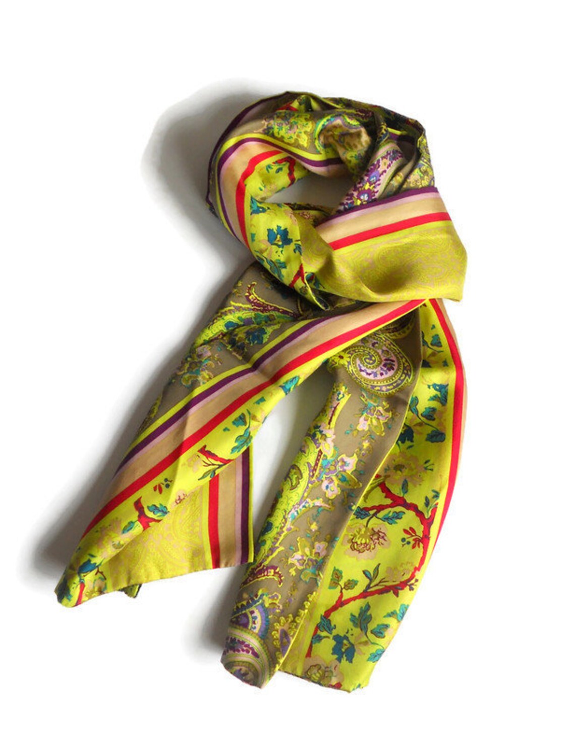 yellow green silk scarf vintage, Paisley print two sided neck scarf, foto 3 di 5