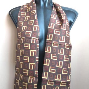 Vintage Brown Silk Neck Scarf, Geometric Print