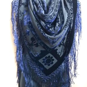 Vintage Blue Silk Velvet Shawl, Fringed Scarf, 39" Square image 6