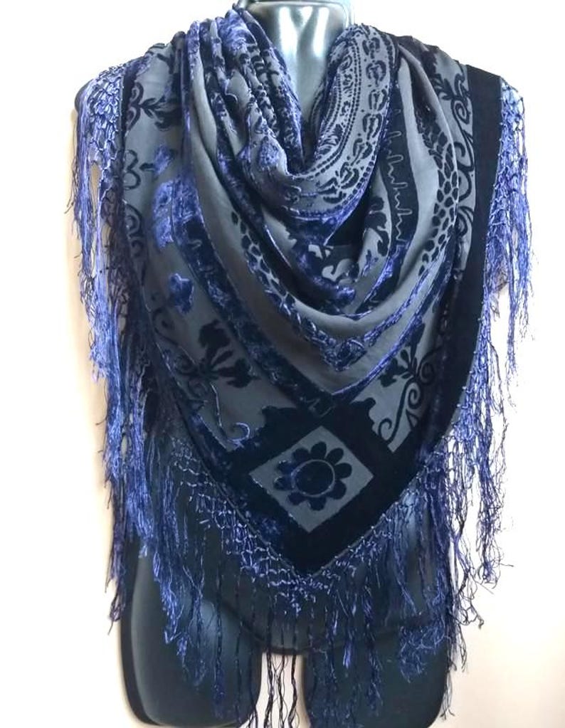 Vintage Blue Silk Velvet Shawl, Fringed Scarf, 39" Square image 6