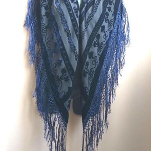 Vintage Blue Silk Velvet Shawl, Fringed Scarf, 39" Square image 2