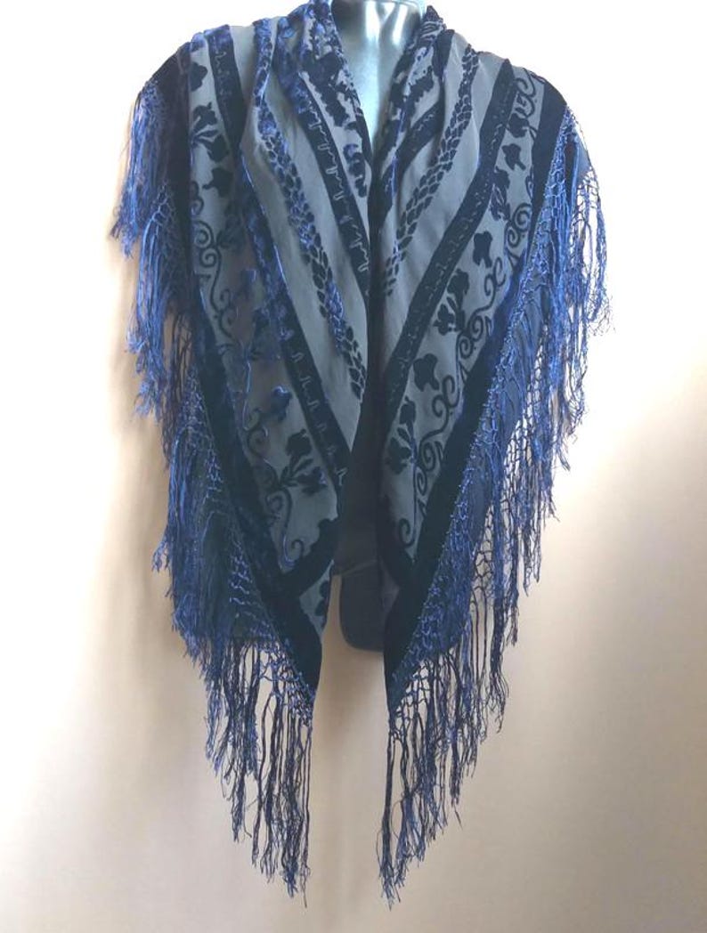 Vintage Blue Silk Velvet Shawl, Fringed Scarf, 39" Square image 2