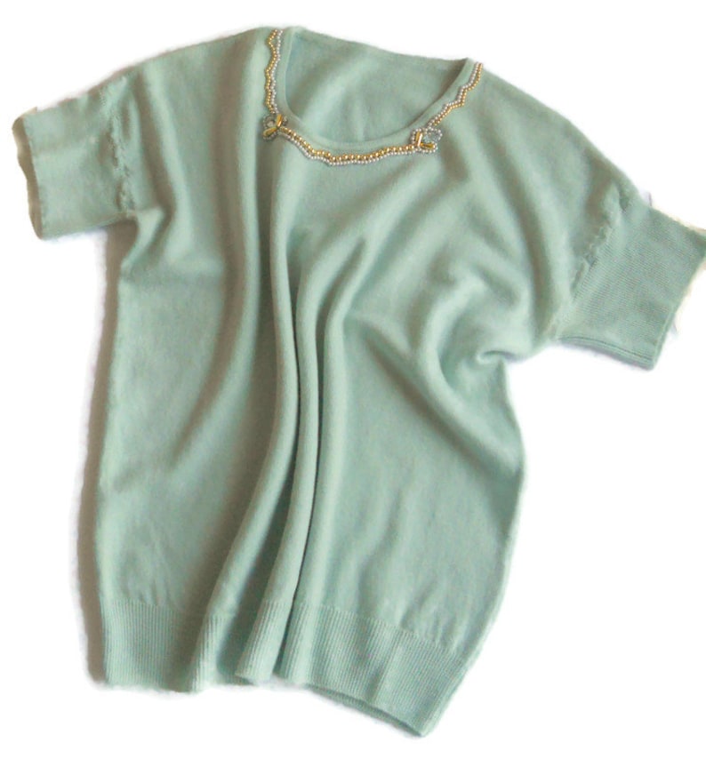 women/'s wool merinos Top jersey vintage Italy clear green turquoise