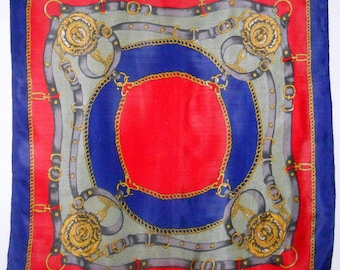Bufanda de seda vintage con estampado ecuestre, en rojo y azul (85 x 85 cm)