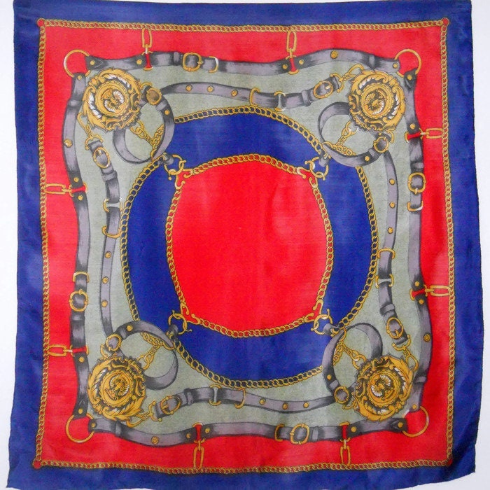 ヴィンテージシルクスカーフ、乗馬柄、赤青（85×85cm） - Etsy 日本