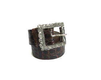 Brown Leather Women Belts Vintage Italy  Designer Belt  with Large Buckle