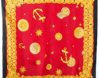 Vintage Silk Scarf: Red Italian Print, Roman Symbols (33"x33")