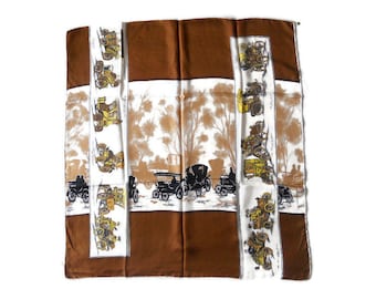 Vintage French silk square head scarf White brown print