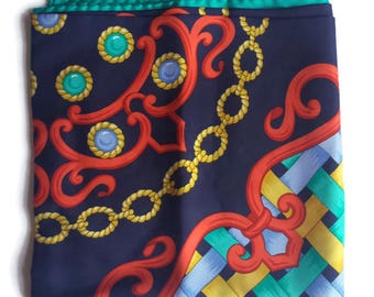 Pañuelo de seda cuadrado grande de Lombagine Paris vintage pañuelo de cabeza de seda turquesa estampado colorido