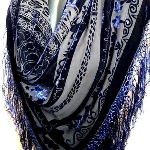 Vintage Blue Silk Velvet Shawl, Fringed Scarf, 39" Square image 3