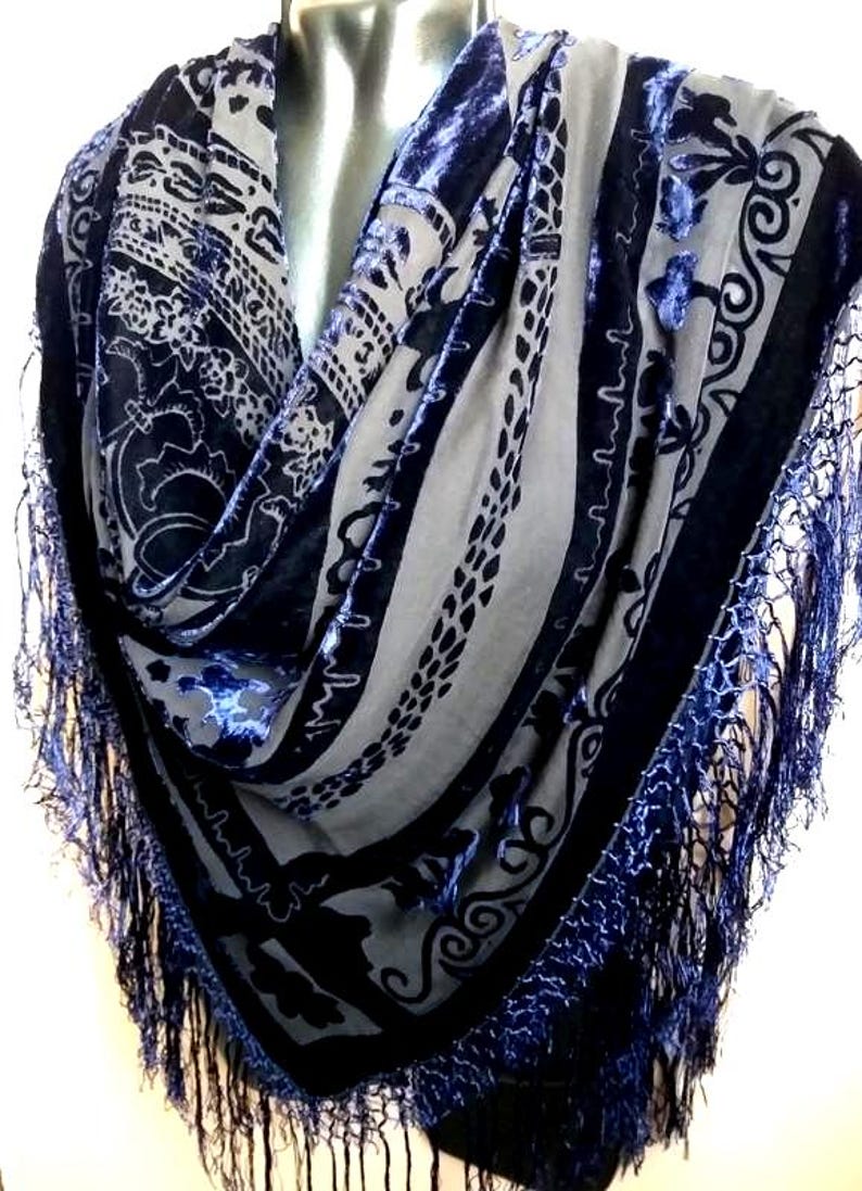 Vintage Blue Silk Velvet Shawl, Fringed Scarf, 39" Square image 3
