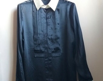 Black silk shirt for women satin silk blouse XL size vintage