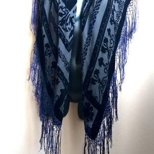 Vintage Blue Silk Velvet Shawl, Fringed Scarf, 39" Square image 8