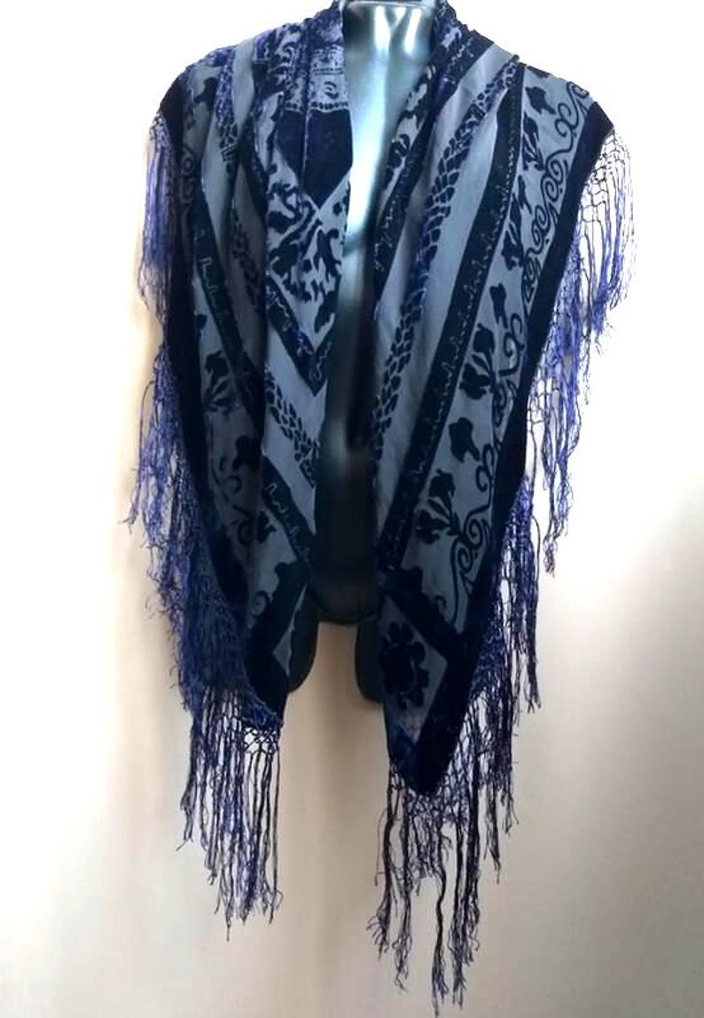 Vintage Blue Silk Velvet Shawl, Fringed Scarf, 39" Square image 8