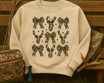 Camo Deer and Bow Sweatshirt – Cozy Crewneck for Hunters, Outdoor Moms, Fall and Winter Country Outfit