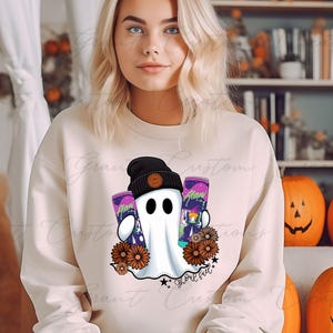 Cute Halloween Ghost shirt with Energy Drink, Fall energy drink Crewneck, Ghost Girl Aesthetic, Pumpkin Patch Shirt, Trendy energy drink tee