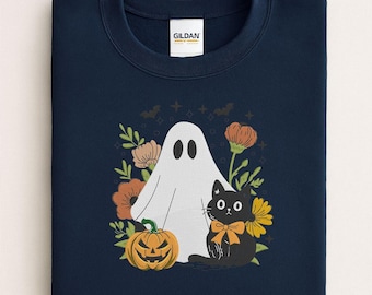 Ghost Cat Sweatshirt, Embroidered Gildan Heavyweight Crewneck with Pumpkin Floral Design